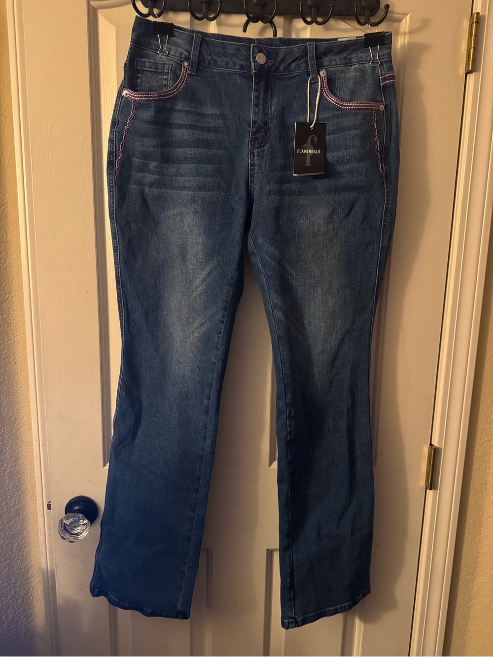 Flamingals Women's Dark Blue Boot Cut Jeans with Pink Stitching